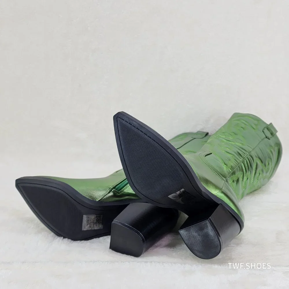 Electric Cowboy Brush Metallic Matte Western Knee High Cowgirl Boots Green - Picture 11 of 11